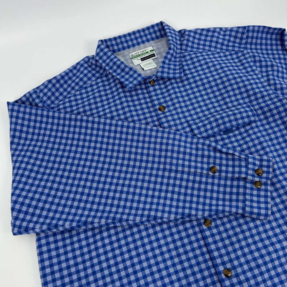 ExOfficio Buzz Off Insect Shield Long Sleeve Button Up Shirt Mens XL Blue Plaid